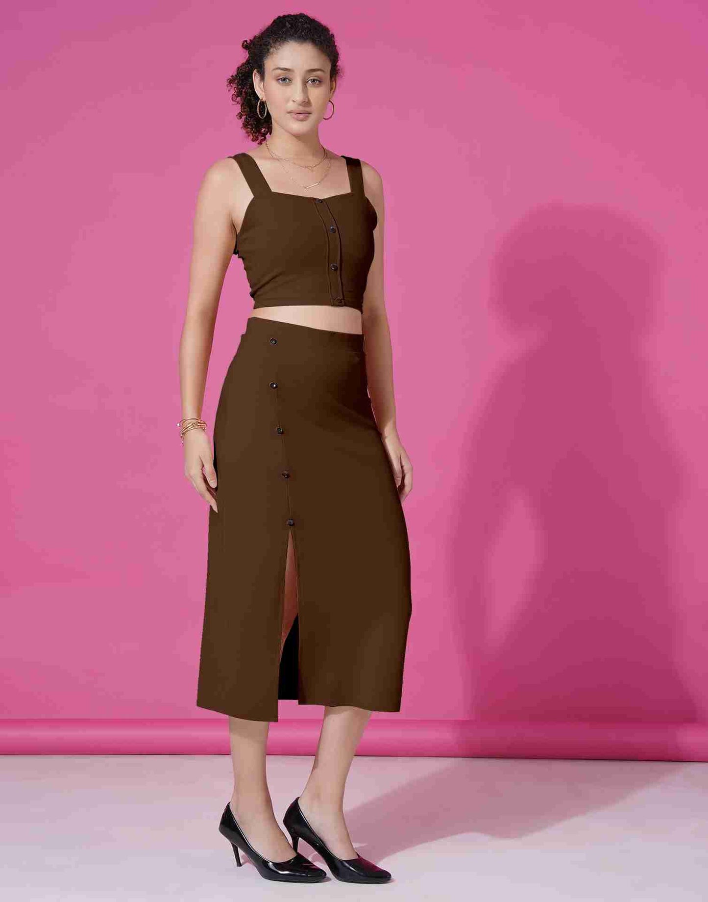 Brown Lycra Plain Co-ord Set