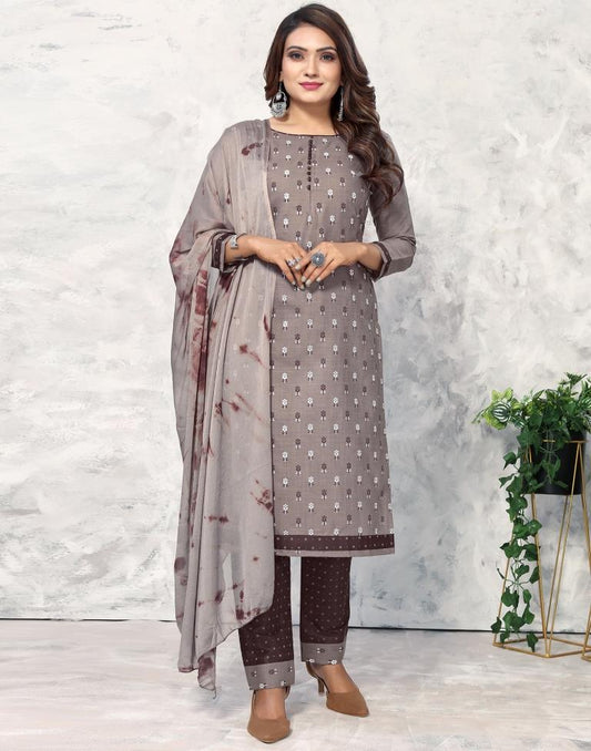 Grey Cotton Printed Straight Kurta Kurti With Pant And Dupatta | Sudathi