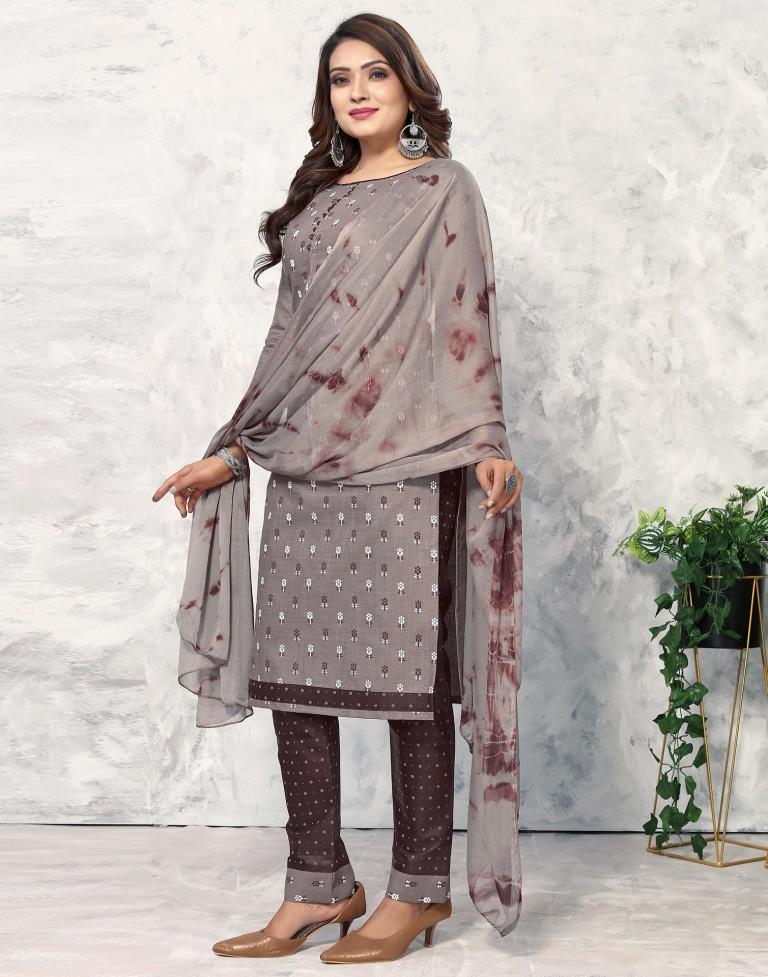 Grey Cotton Printed Straight Kurta Kurti With Pant And Dupatta | Sudathi
