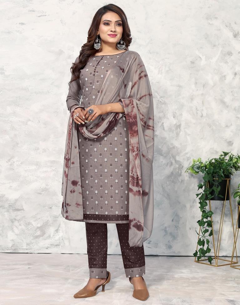 Grey Cotton Printed Straight Kurta Kurti With Pant And Dupatta | Sudathi