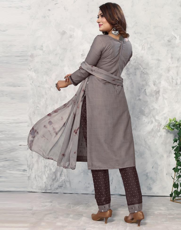 Grey Cotton Printed Straight Kurta Kurti With Pant And Dupatta | Sudathi