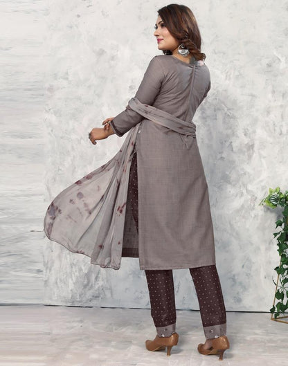 Grey Cotton Printed Straight Kurta Kurti With Pant And Dupatta | Sudathi