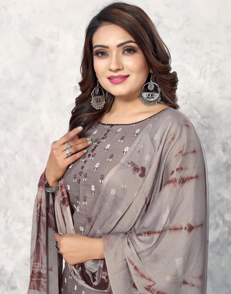 Grey Cotton Printed Straight Kurta Kurti With Pant And Dupatta | Sudathi