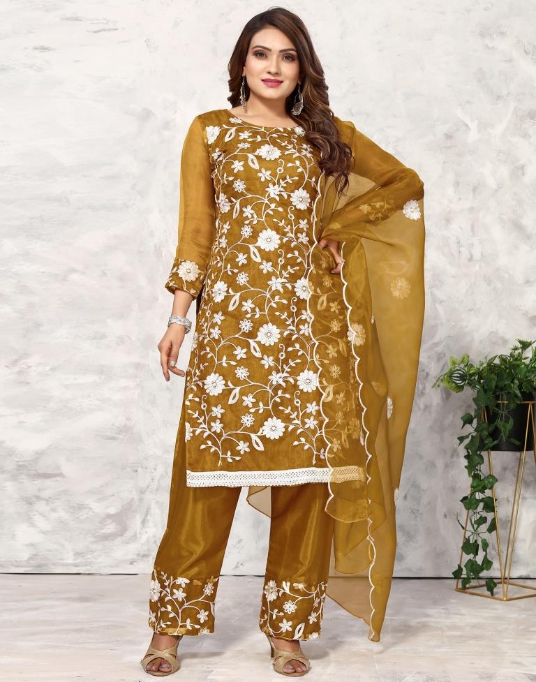 Olive Green Embroidered Kurta With Pant And Dupatta