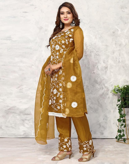 Olive Green Embroidered Kurta With Pant And Dupatta