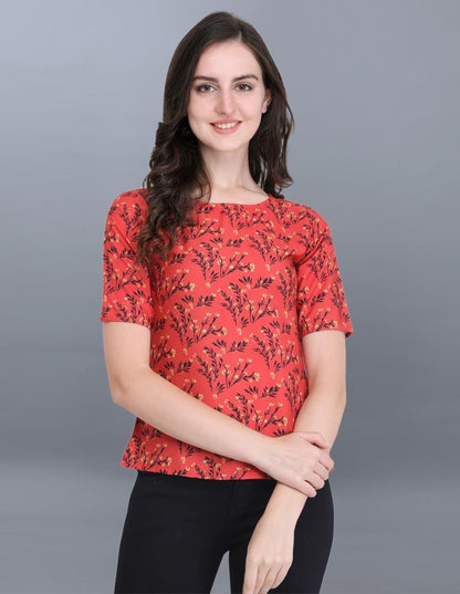 Dazzling Red Coloured Printed Crepe Tops | Sudathi