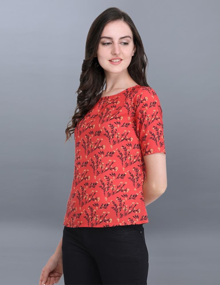 Dazzling Red Coloured Printed Crepe Tops | Sudathi