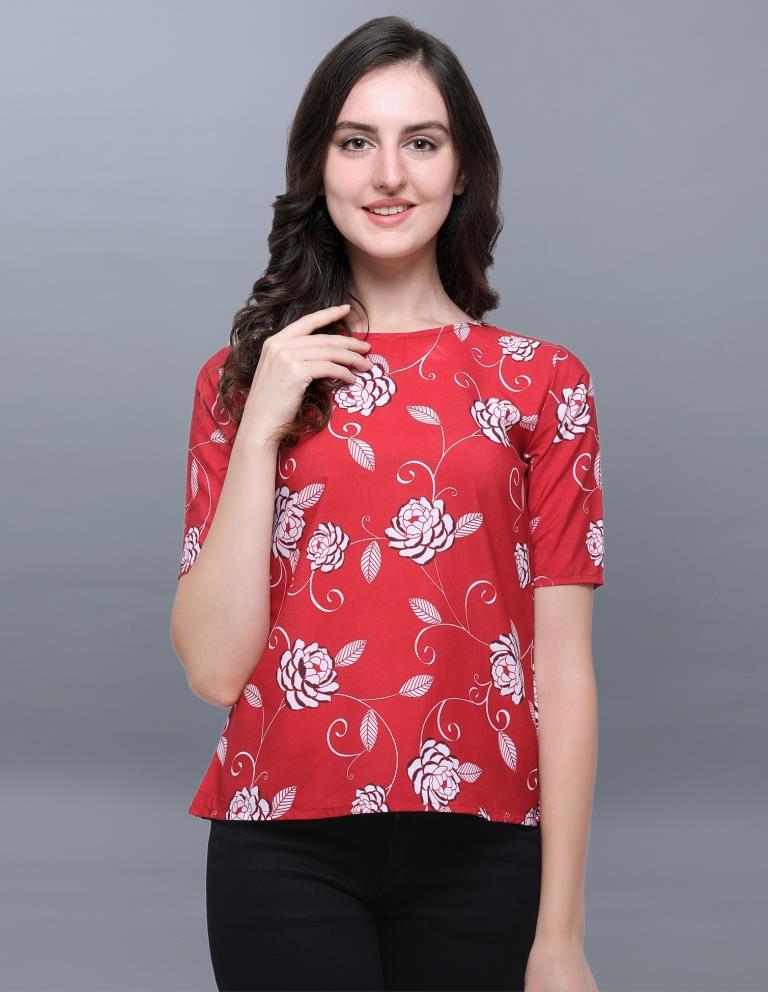 Exuberant Red Coloured Printed Crepe Tops | Sudathi