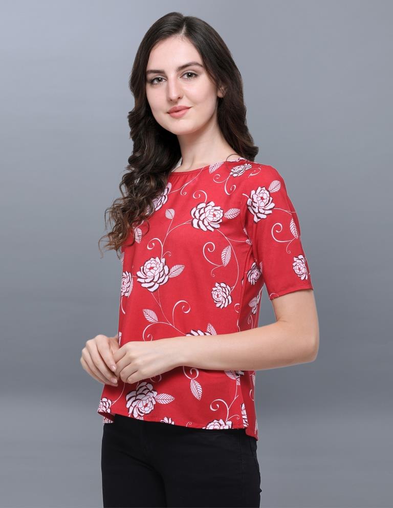 Exuberant Red Coloured Printed Crepe Tops | Sudathi