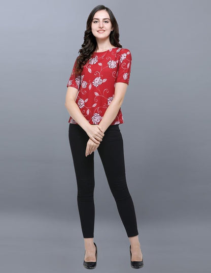 Exuberant Red Coloured Printed Crepe Tops | Sudathi