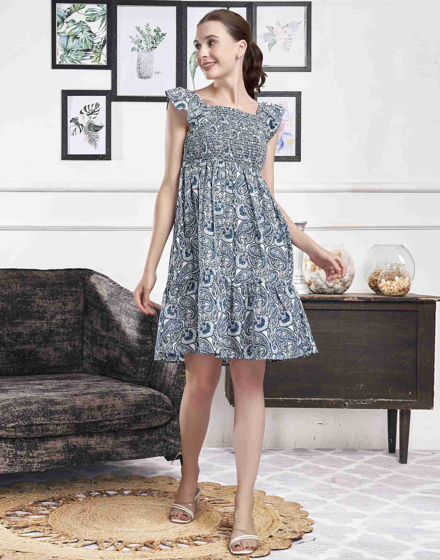 White Polyester Printed Flared Dress