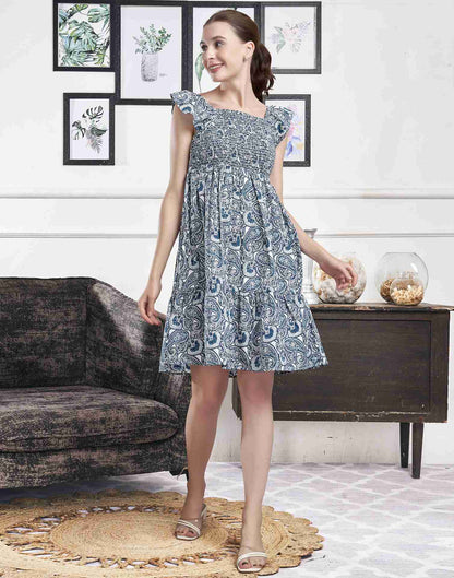 White Polyester Printed Flared Dress