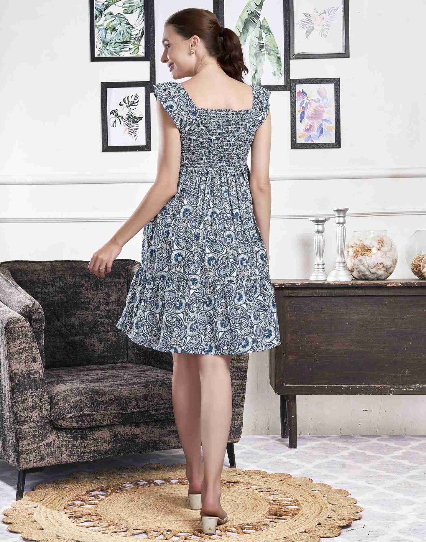 White Polyester Printed Flared Dress