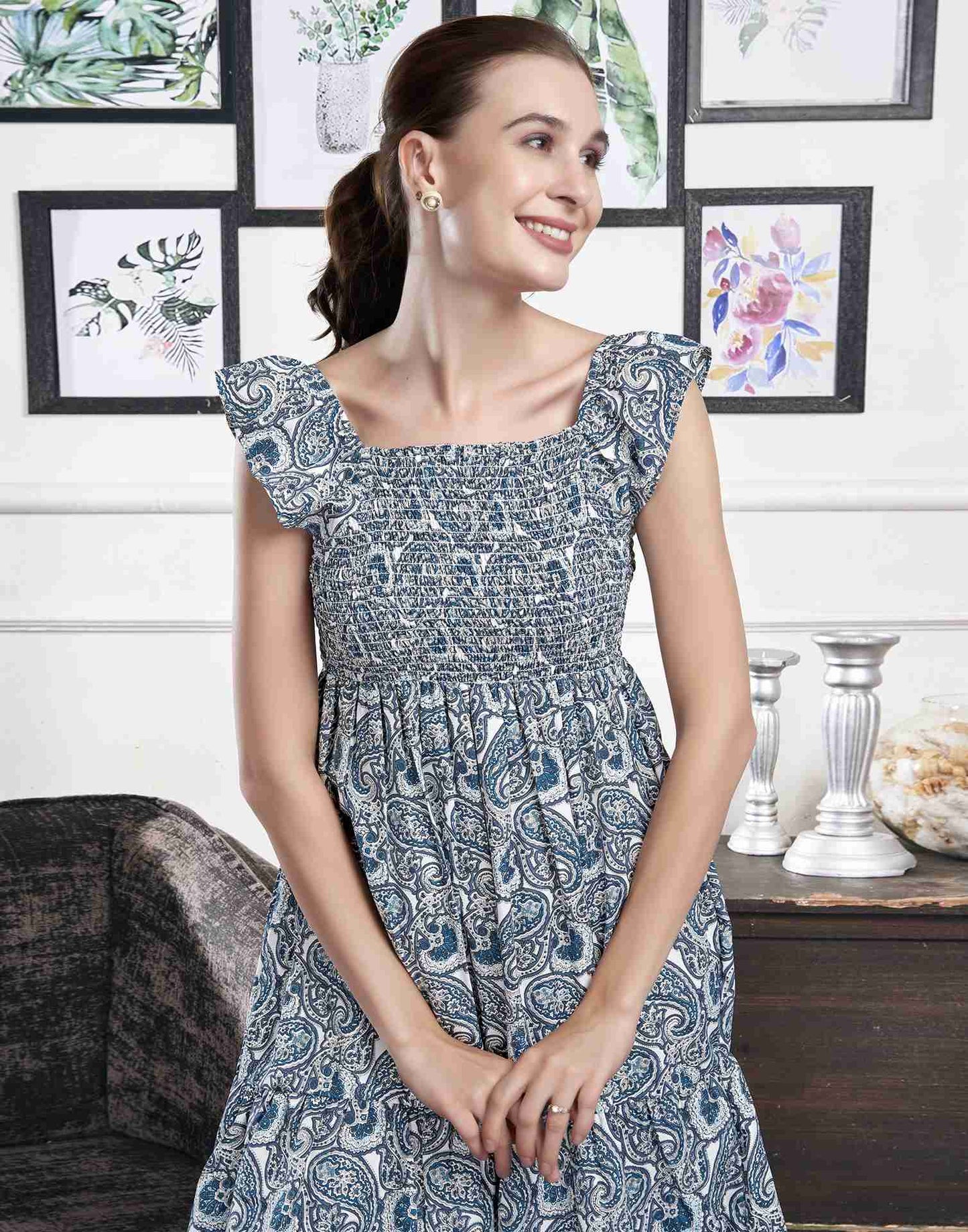 White Polyester Printed Flared Dress