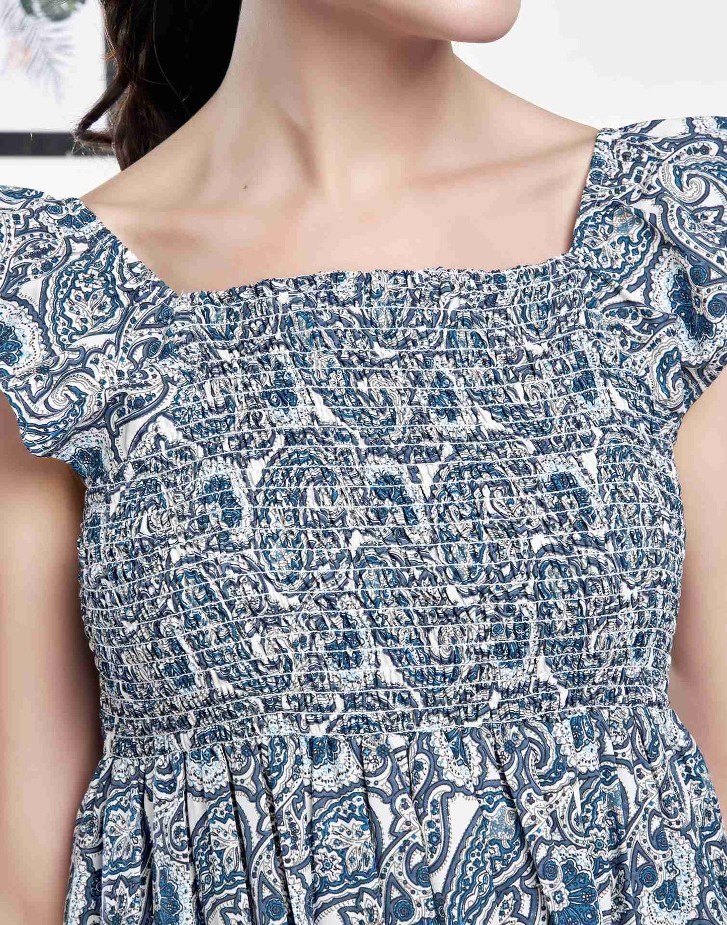 White Polyester Printed Flared Dress