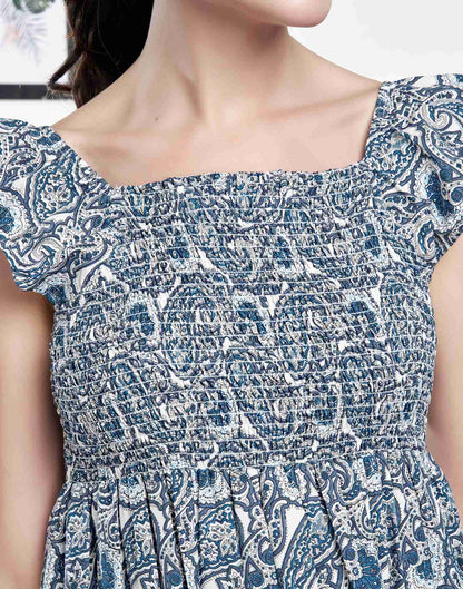 White Polyester Printed Flared Dress