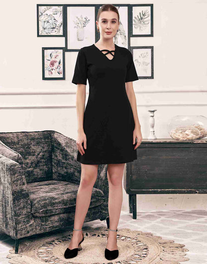 Black Lycra Plain A-Line Dress