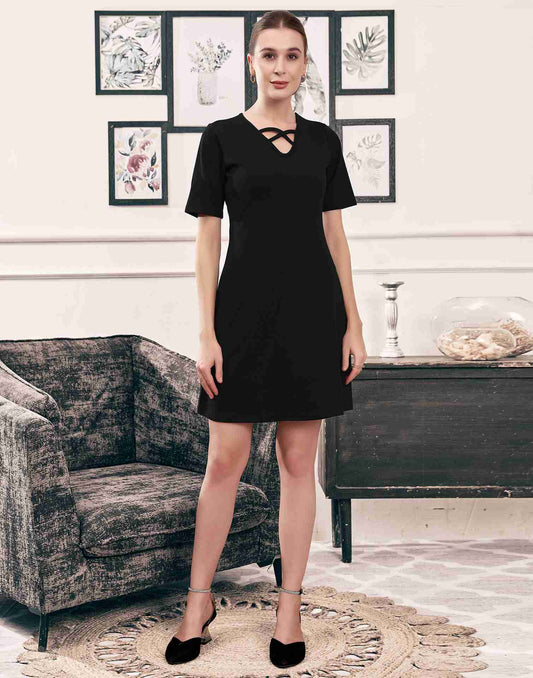 Black Lycra Plain A-Line Dress