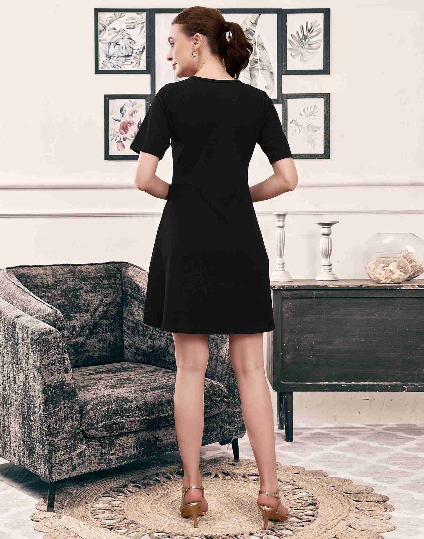 Black Lycra Plain A-Line Dress