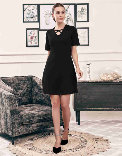 Black Lycra Plain A-Line Dress