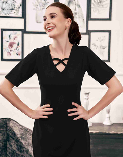 Black Lycra Plain A-Line Dress