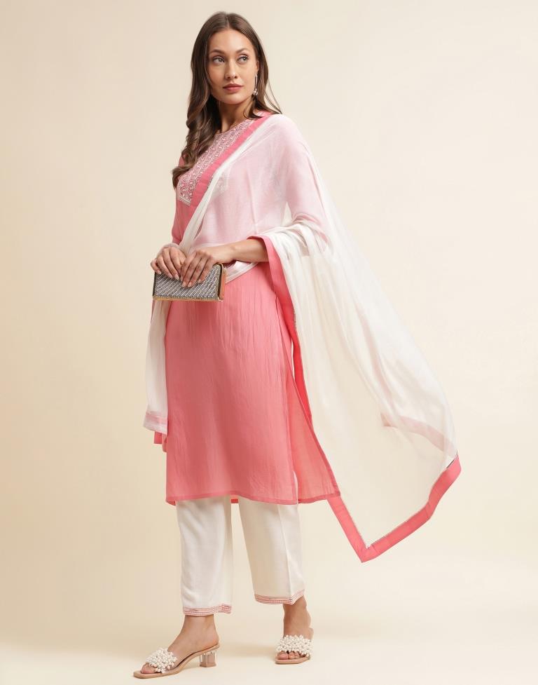 Light Pink Chinnon Embroidery Straight Kurta With Pant And Dupatta