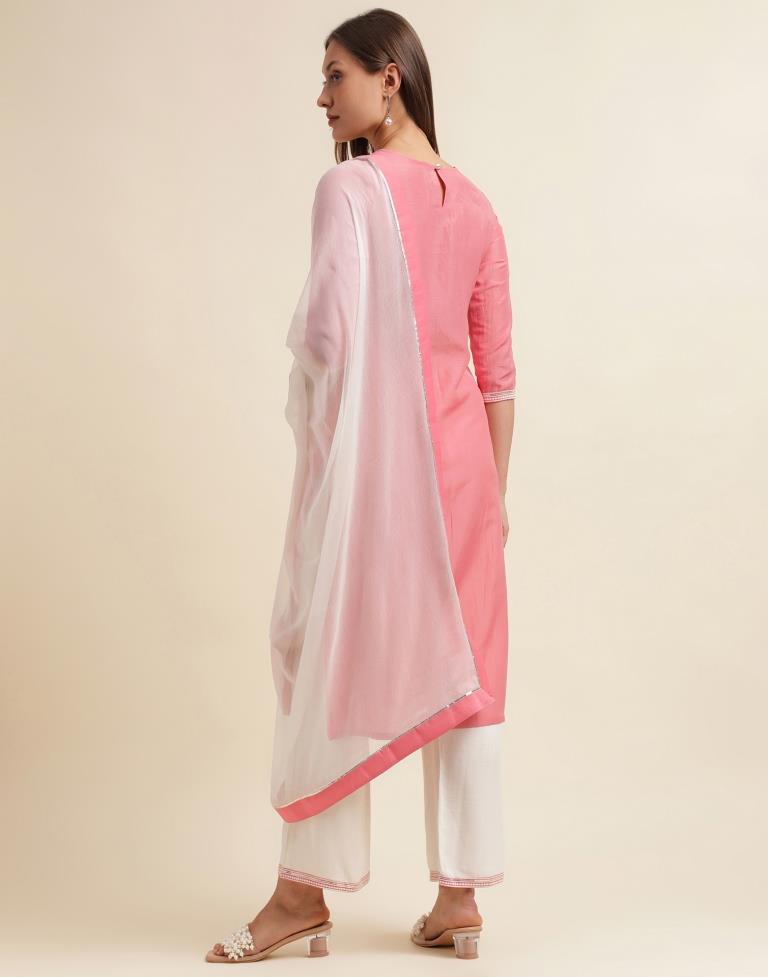 Light Pink Chinnon Embroidery Straight Kurta With Pant And Dupatta