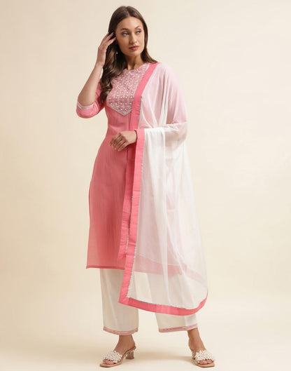 Light Pink Chinnon Embroidery Straight Kurta With Pant And Dupatta