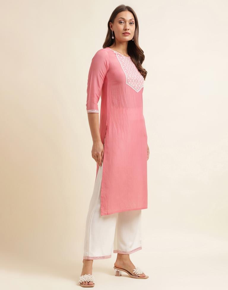 Light Pink Chinnon Embroidery Straight Kurta With Pant And Dupatta