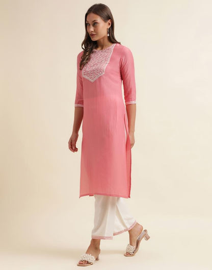 Light Pink Chinnon Embroidery Straight Kurta With Pant And Dupatta