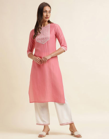 Light Pink Chinnon Embroidery Straight Kurta With Pant And Dupatta