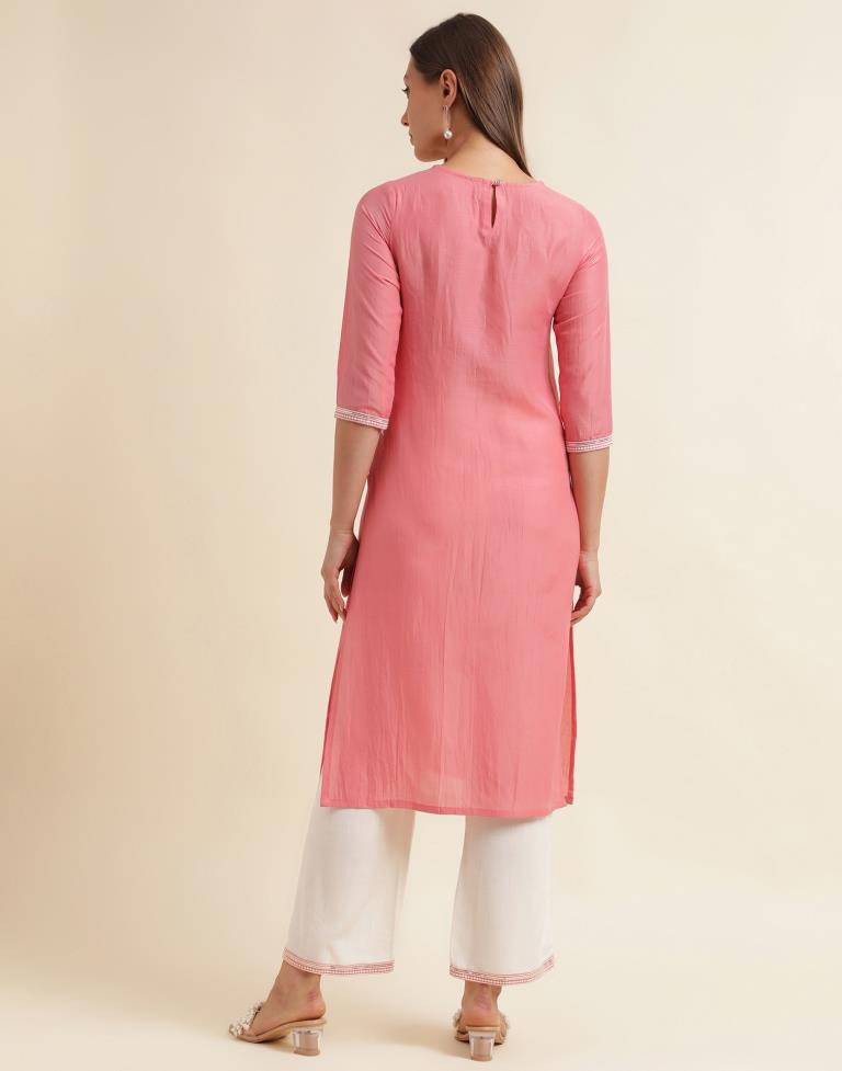 Light Pink Chinnon Embroidery Straight Kurta With Pant And Dupatta