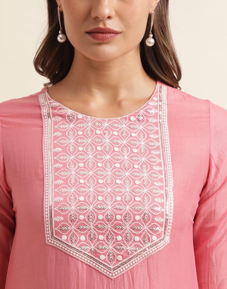 Light Pink Chinnon Embroidery Straight Kurta With Pant And Dupatta