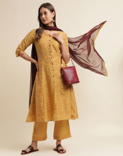 Mustard Printed Chinnon Straight Kurta With Pant And Dupatta