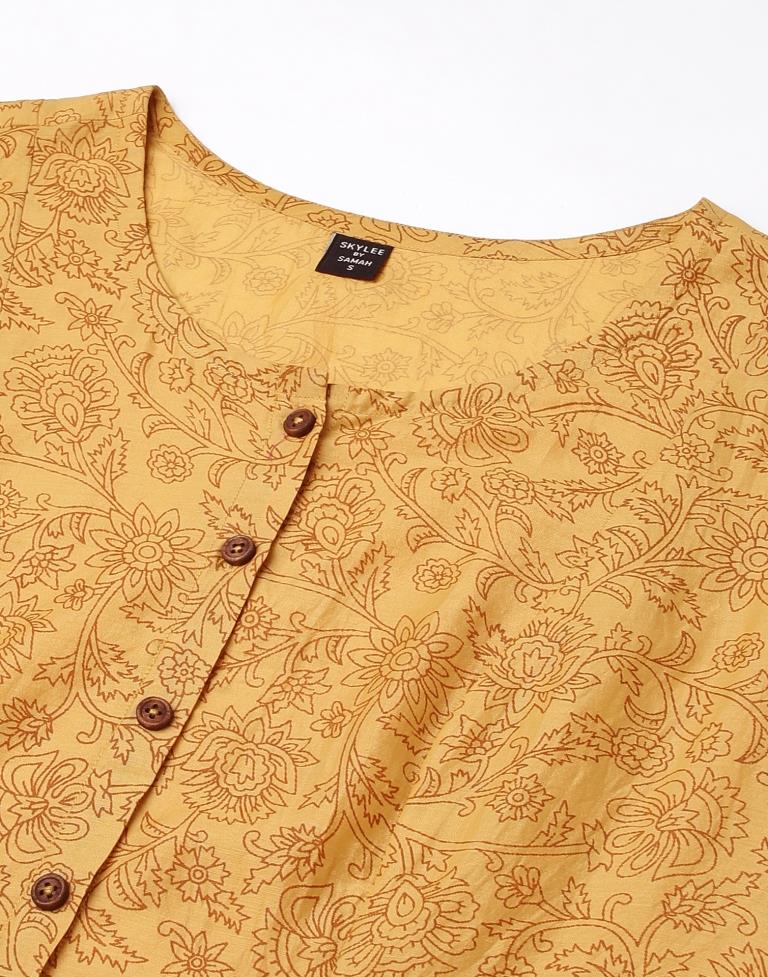 Mustard Printed Chinnon Straight Kurta With Pant And Dupatta