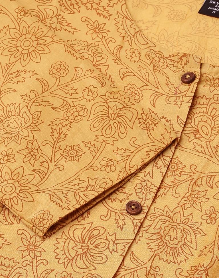 Mustard Printed Chinnon Straight Kurta With Pant And Dupatta