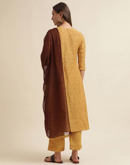 Mustard Printed Chinnon Straight Kurta With Pant And Dupatta