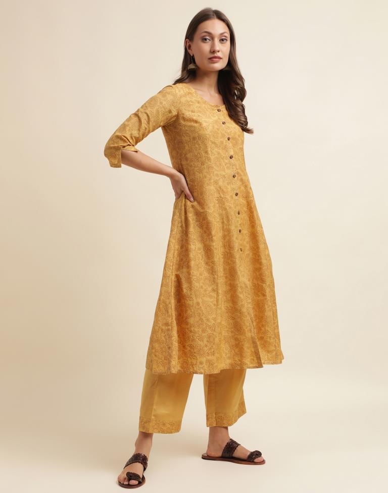 Mustard Printed Chinnon Straight Kurta With Pant And Dupatta