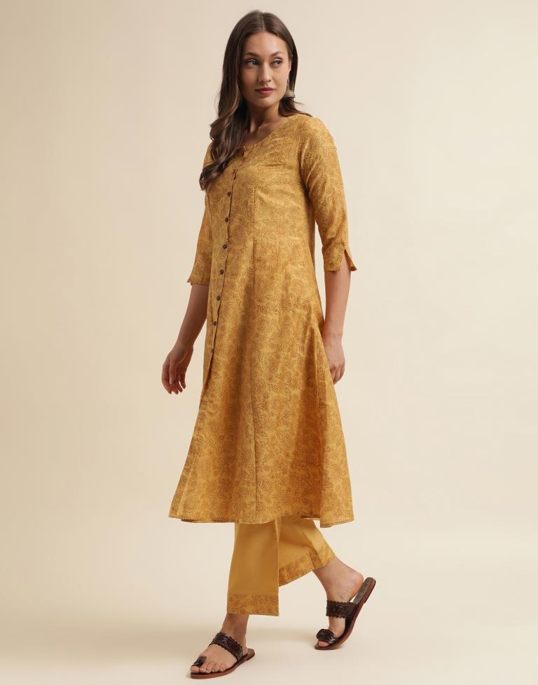 Mustard Printed Chinnon Straight Kurta With Pant And Dupatta