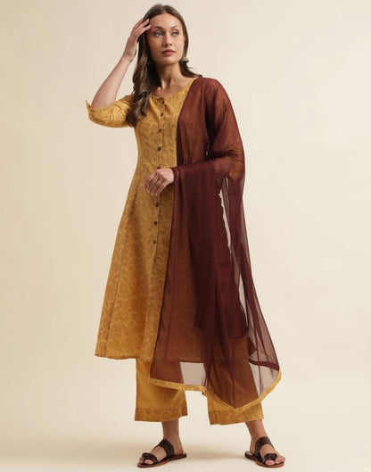 Mustard Printed Chinnon Straight Kurta With Pant And Dupatta