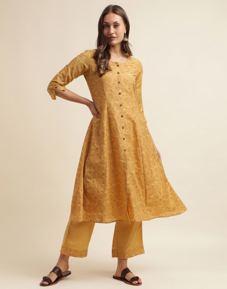 Mustard Printed Chinnon Straight Kurta With Pant And Dupatta