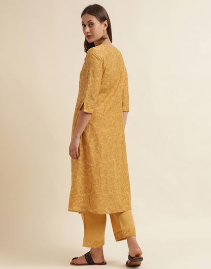 Mustard Printed Chinnon Straight Kurta With Pant And Dupatta