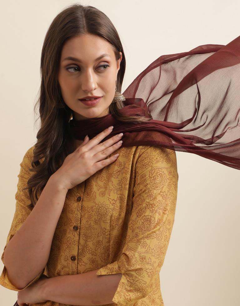 Mustard Printed Chinnon Straight Kurta With Pant And Dupatta