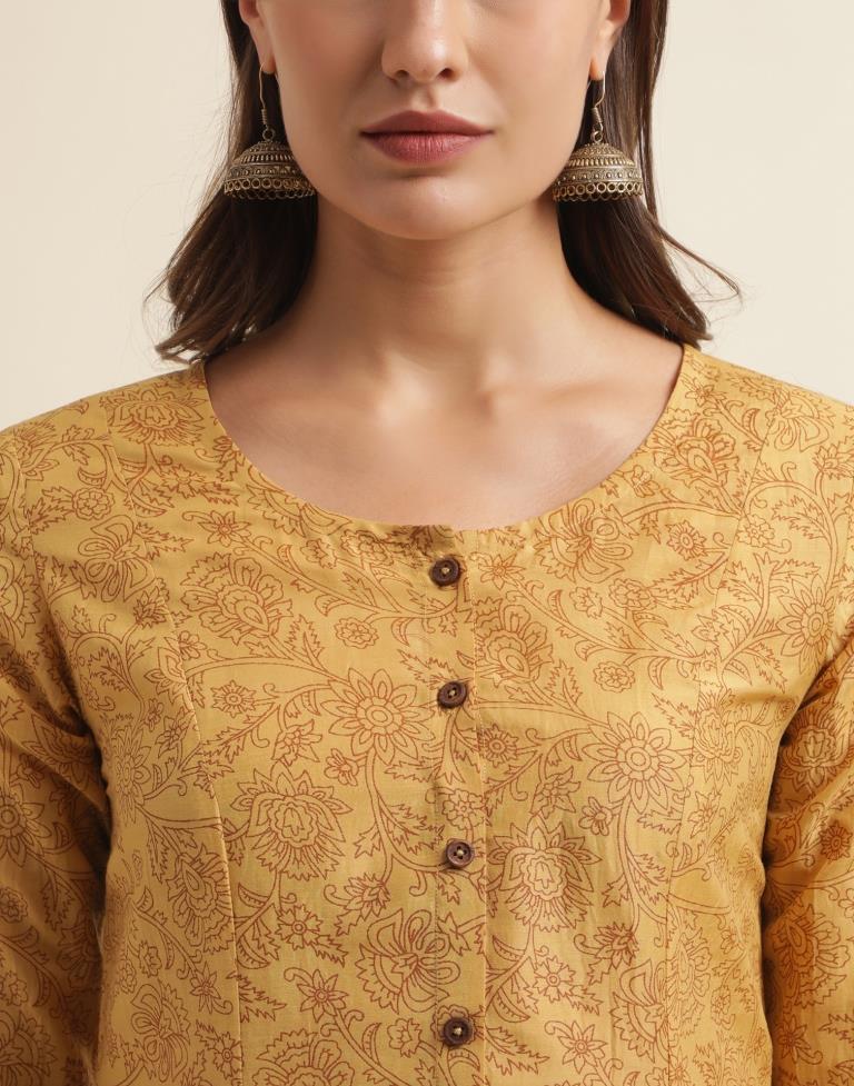 Mustard Printed Chinnon Straight Kurta With Pant And Dupatta