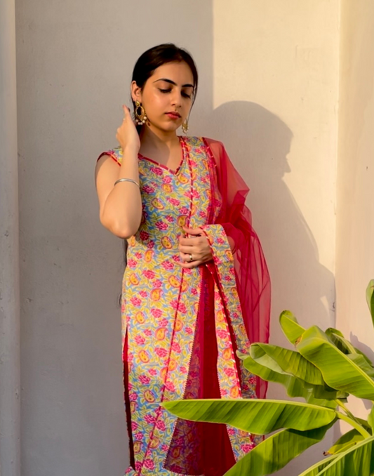 Multicoloured Cotton Printed Straight Kurta With Pant And Dupatta