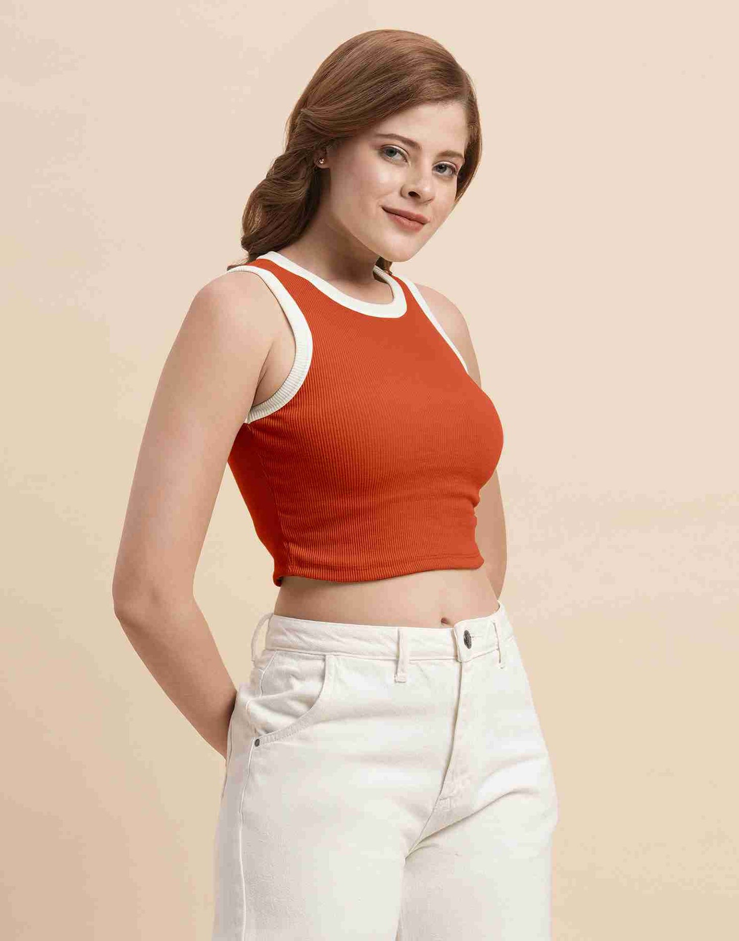 Orange Lycra Plain Tank Top