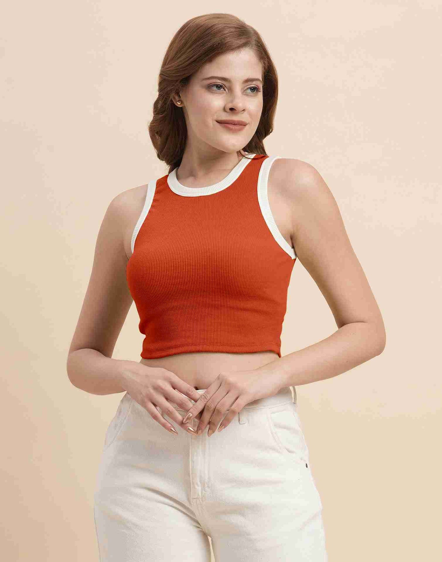 Orange Lycra Plain Tank Top