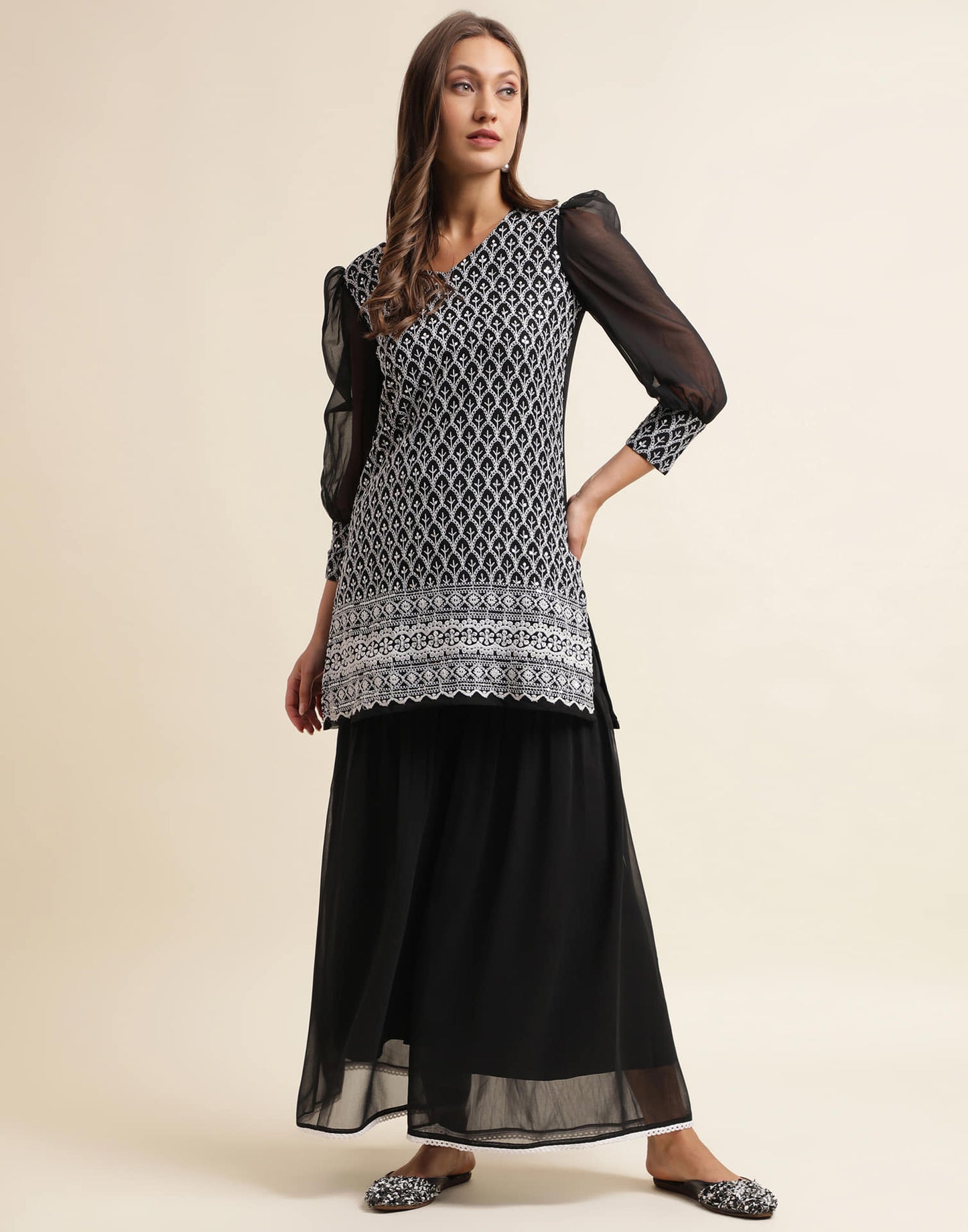 Black  Sequence Georgette Straight Kurta With Pant And Dupatta