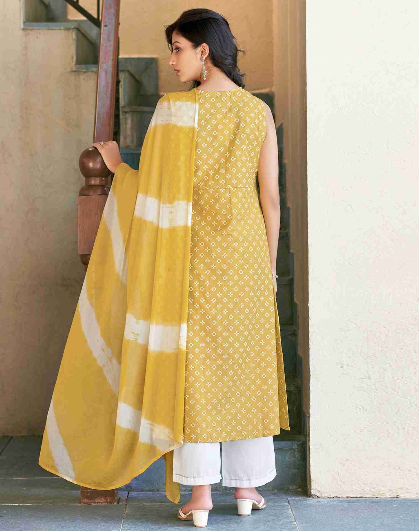 Yellow Silk A-line Kurta With Pant And Dupatta