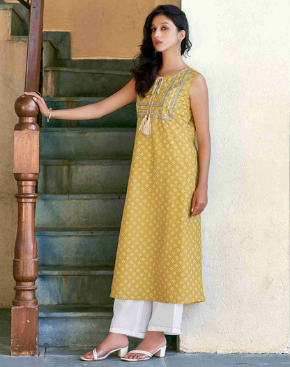 Yellow Silk A-line Kurta With Pant And Dupatta